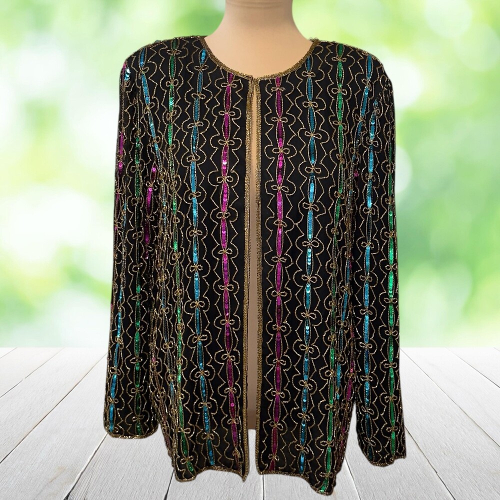 New Vintage Hand Beaded Silk Jacket Sequin Evening Open Front Black Glam Size L